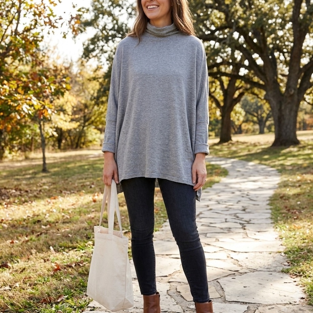 Free People We The Free Gray Batwing Turtleneck Sweater Oversized Poncho Boho S